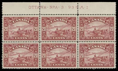 CANADA  157,An unusually choice, well centered mint Plate 1 block of six, a few split perfs in margin only; much nicer than normally seen, VF+ NH