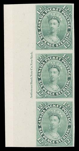 CANADA  18TC + varieties,Left margin plate proof strip of three with full ABNC imprint on card mounted india paper; top proof is the elusive Position 61 which shows the Re-entry from second state of the plate after engraver