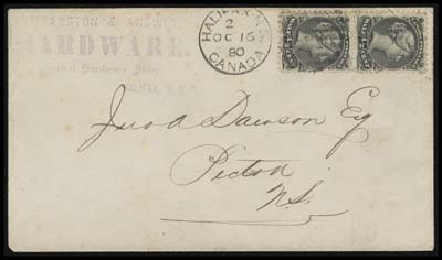 CANADA  1880 (October 16) Theakston & Angwin Hardware advert handstamped envelope mailed to Pictou, NS at the circular rate, unsealed with backflap folded inside as required for inspection, franked with vertical pair of ½c black perf 12 tied by Halifax OC 16 80 duplex, Pictou OC 18 split ring receiver on back; pays the unsealed 1c (per 4 ounces) printed circular rate, VF (Unitrade 21)