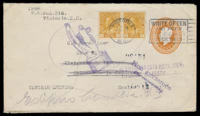 CANADA  1925 (April 30) 1c orange KGV envelope uprated with 1c yellow pair, Die I wet printing for War Tax 1c + 2c letter rate to Colonia de la Condesa (Mexico, D.F.), Mexico 9 MAY receiver; "Non Réclamée" and "Pointing Hand" return to sender instructional markings along with redirection backstamps via Juarez 23 JUN 25, VF and striking (Unitrade 105, EN34)