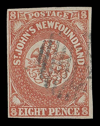 NEWFOUNDLAND  8,An elusive used example with small to full margins, bright colour and light grid cancel; much scarcer than mint examples, Fine; 1952 BPA cert.