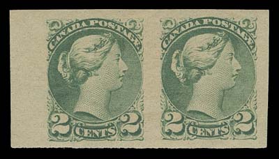 CANADA  36iii,A superb mint imperforate pair with sheet margin at left and large margins on other sides, very lightly hinged (appears NH at first glance), XF