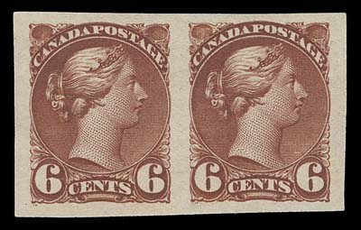 CANADA  43b,A choice imperforate pair with large margins, fabulous colour and deep impression, ungummed as issued, XF
