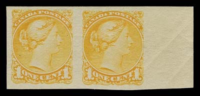 CANADA  35b,A premium quality mint imperforate pair, sheet margin at right, post office fresh colour, couple natural bends mostly in sheet margin, a beautiful pair with pristine original gum, VF NH
