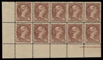 CANADA  43,Mint corner block of ten, well centered and showing left half of BABN imprint (Boggs Type IV), partial separation between third and fourth columns strengthened by a hinge, thin on top left stamp but six stamps are NH including second stamp in top row and entire bottom row; a scarce positional block for the specialist, F-VF (Unitrade cat. $4,900)Positions 92, 93 & 95 show Re-entries with visible doubling in "POS" (Pos. 93) and "DA POSTAGE" (Pos. 92 & 95).