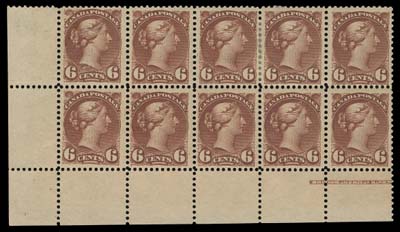 CANADA  43,Mint corner block of ten, well centered and showing left half of BABN imprint (Boggs Type IV), partial separation between third and fourth columns strengthened by a hinge, thin on top left stamp but six stamps are NH including second stamp in top row and entire bottom row; a scarce positional block for the specialist, F-VF (Unitrade cat. $4,900)

Positions 92, 93 & 95 show Re-entries with visible doubling in "POS" (Pos. 93) and "DA POSTAGE" (Pos. 92 & 95).