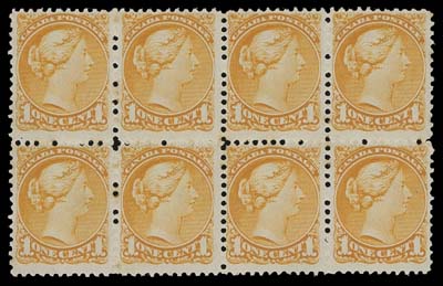 CANADA  35ii,An impressive mint block of eight, faint perf toning in places but displaying characteristic colour and sharp impression, possessing with full unblemished original gum, NEVER HINGED. Multiples of early printings are hard to find, F-VF NH (Unitrade cat. $4,400)