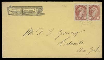CANADA  1871 (September 14) Yellow cover from Norwich, Ont. to Cedarville, NY bearing a large margined pair 3c deep rose, First Ottawa printing (colour very similar to thick soft paper variety) tied by Norwich SP 14 1871 double arc dispatch; right stamp shows an unusual plate flaw visible above "N" of "CENTS" and running through Queen