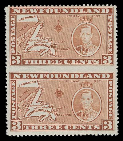 NEWFOUNDLAND  234b,Mint vertical pair imperforate between, an appealing and very scarce perforation variety, Fine+ LH (SG258cb £650)
