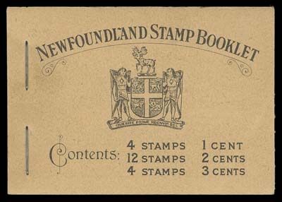 NEWFOUNDLAND  BK2a,Complete booklet with perf 13.2 panes of 1c green, 2c rose (3) and 3c orange brown (all well centered) and all advertising pages; light corner crease on front cover and  mounting marks near staples on back, F-VF