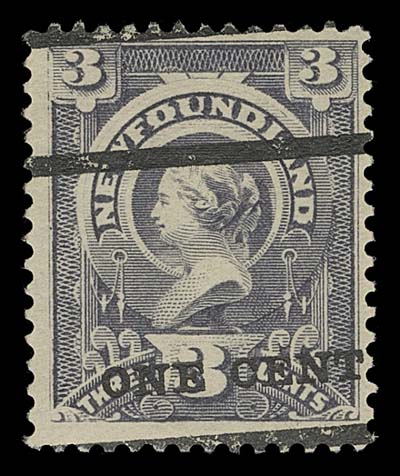 NEWFOUNDLAND  75variety,Mint single with a dramatic shifted, slanting surcharge, large part OG, unusual, Fine+