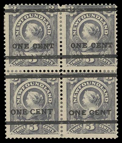 NEWFOUNDLAND  75-77,Mint se-tenant block of four showing the three different surcharge types - A on top row, B on lower left and the elusive C on lower right (Positions 38/49), trivial reinforced perf splits, fresh colour, easily above average for this block, Fine OG