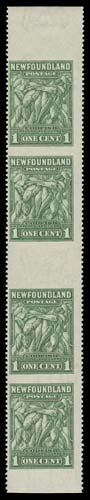 NEWFOUNDLAND  183c variety,Mint vertical strip of four imperforate horizontally, originating from the booklet pane sheet and showing a 15mm gutter margin between pairs, unusual, Fine+ NH