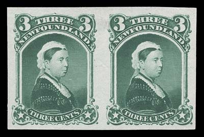 NEWFOUNDLAND  33P, 33TCii, iii, vi,Four different trial colour plate proof pairs on india paper printed in vermilion, dusky blue green, dark slate violet and brown, VF