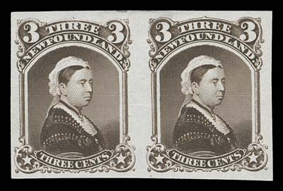 NEWFOUNDLAND  33P, 33TCii, iii, vi,Four different trial colour plate proof pairs on india paper printed in vermilion, dusky blue green, dark slate violet and brown, VF