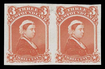 NEWFOUNDLAND  33P, 33TCii, iii, vi,Four different trial colour plate proof pairs on india paper printed in vermilion, dusky blue green, dark slate violet and brown, VF