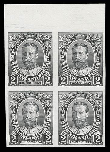 NEWFOUNDLAND  104-114,A remarkable complete set of eleven trial colour plate proof blocks of four, printed in black, each with sheet margin at top. A very rare set in blocks of four, VF+De La Rue & Co. engraved and printed the 1c, 2c, 3c, 4c, 5c and 10c on thick white wove paper. Macdonald & Co. engraved and A. Alexander & Sons printed the 6c, 8c, 9c, 12c and 15c, which are on thin white card.