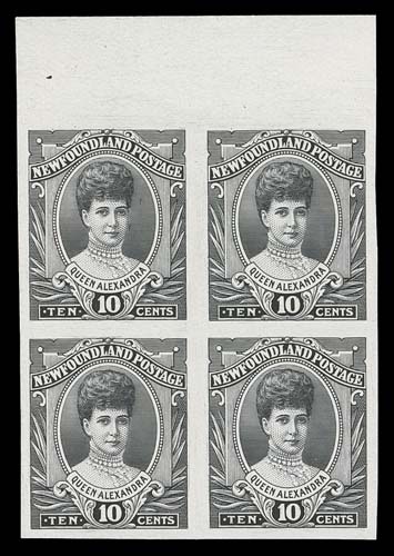 NEWFOUNDLAND  104-114,A remarkable complete set of eleven trial colour plate proof blocks of four, printed in black, each with sheet margin at top. A very rare set in blocks of four, VF+De La Rue & Co. engraved and printed the 1c, 2c, 3c, 4c, 5c and 10c on thick white wove paper. Macdonald & Co. engraved and A. Alexander & Sons printed the 6c, 8c, 9c, 12c and 15c, which are on thin white card.