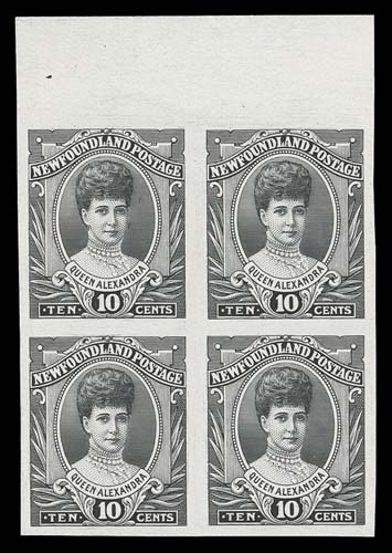 NEWFOUNDLAND  104-114,A remarkable complete set of eleven trial colour plate proof blocks of four, printed in black, each with sheet margin at top. A very rare set in blocks of four, VF+

De La Rue & Co. engraved and printed the 1c, 2c, 3c, 4c, 5c and 10c on thick white wove paper. Macdonald & Co. engraved and A. Alexander & Sons printed the 6c, 8c, 9c, 12c and 15c, which are on thin white card.