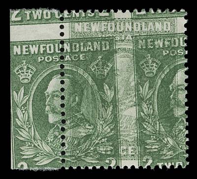 NEWFOUNDLAND  186iv,Striking mint single with sheet margin at left, showing the spectacular double print error, portions of four different stamps are visible, VF NH