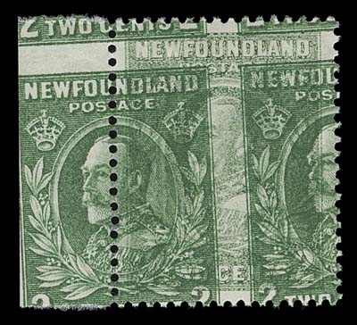 NEWFOUNDLAND  186iv,Striking mint single with sheet margin at left, showing the spectacular double print error, portions of four different stamps are visible, VF NH