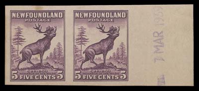 NEWFOUNDLAND  191,Group of 8 plate proof pairs in shades of deep violet, Perkins  Bacon printings on bond paper, two show security "moiré" lines  (bookend paper) on reverse. Different stages of the plates with  K. Bileski notes, VF