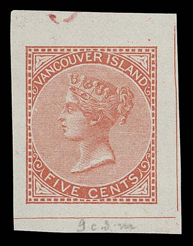 BRITISH COLUMBIA FAKES AND FORGERIES  Sperati reproduction die proof - working impression in dark orange carmine on white unwatermarked paper; some initial flaws have been touched up. A dangerous forgery ideal for reference