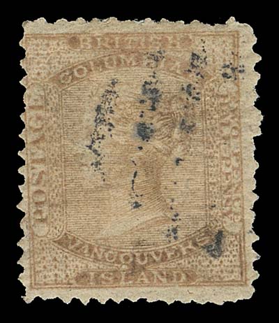 BRITISH COLUMBIA FAKES AND FORGERIES  Oneglia engraved forgery in orange brown, grid cancelled, perforated and gummed on unwatermarked paper. Seldom encountered