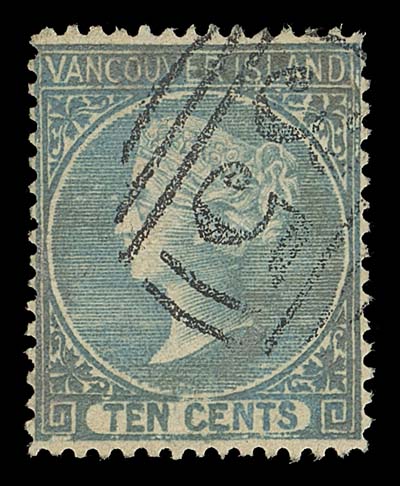 BRITISH COLUMBIA FAKES AND FORGERIES  Two engraved Oneglia forgeries in greenish blue (shades), both perforated, one with gum, the other with added grid "35" cancel in black and "Crown CC" watermark painted on back, the first we recall seeing.