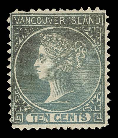 BRITISH COLUMBIA FAKES AND FORGERIES  Two engraved Oneglia forgeries in greenish blue (shades), both perforated, one with gum, the other with added grid "35" cancel in black and "Crown CC" watermark painted on back, the first we recall seeing.