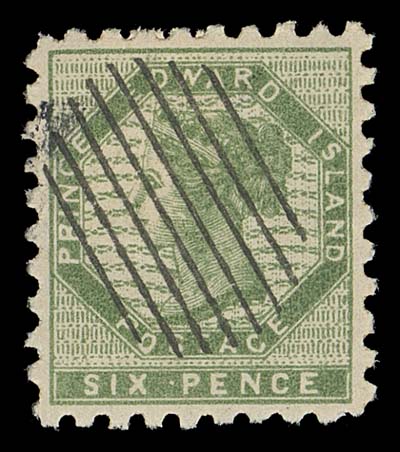 PRINCE EDWARD ISLAND FAKES AND FORGERIES  The set of three lithographed forgeries, perf 9 on gummed paper with added 8-bar grid cancels, some minor perf toning. Excellent forgeries of unknown origin.