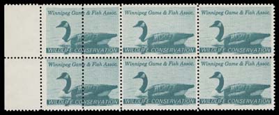 CANADA WILDLIFE STAMPS (PROVINCIAL)  MW1b, MW1 var.,Mint horizontal strip of three, imperforate vertically between left margin and stamp, scarce and unlisted in Van Dam; also a mint block of six with double perforation variety at left, F-VF NH