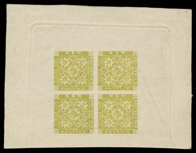 NEW BRUNSWICK FAKES AND FORGERIES  Engraved forgery block of four subjects on thick cream coloured paper, attributed to Argenti Forger A, without the usual "FAC-SIMILE" overprint. Highly unusual to be found in this "intact" format.