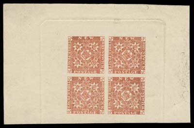 NEW BRUNSWICK FAKES AND FORGERIES  Engraved forgery on thick cream coloured paper, attributed to Argenti Forger A; a very well-executed block of four subjects, without the usual "FAC-SIMILE" overprint. Seldom encountered in this format.