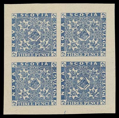 NOVA SCOTIA FAKES AND FORGERIES  Engraved forgery block of four subjects on thick cream coloured paper attributed to Argenti Forger A, without the usual "FAC-SIMILE" overprint. Very few of these exist in intact blocks.