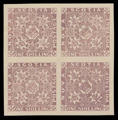 NOVA SCOTIA FAKES AND FORGERIES  Engraved forgery block of four subjects on thick cream coloured paper attributed to Argenti Forger A, "die proof", without the usual "FAC-SIMILE" overprint. Highly unusual.