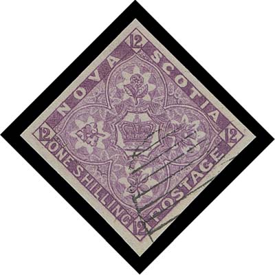 NOVA SCOTIA FAKES AND FORGERIES  Engraved Oneglia forgeries of the 1p, 3p blue, 6p yellow green, 6p dark green, 1sh red violet and 1sh dull violet, each with added New Brunswick oval grid cancel. Very useful reference