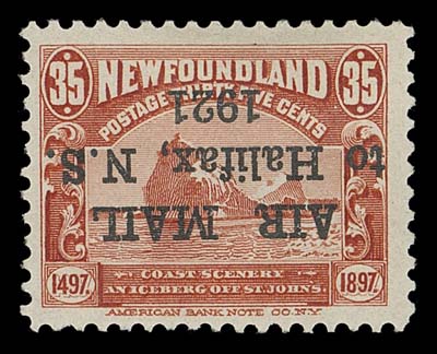 NEWFOUNDLAND  C3a,Mint single showing INVERTED OVERPRINT ERROR - wide spacing (2¾mm) between "AIR" and "MAIL" and no period after "1921", bright fresh colour, large part original gum, F-VFDalwick and Harmer reported four panes received the inverted overprint in error. The example offered here is allocated to the first pane with overprint impression being well centered vertically and horizontally.Expertization: 1956 Philatelic Foundation certificate (identified as old number C3b)ONLY FORTY EXAMPLES FROM ALL FOUR PANES WERE PRINTED SHOWING THIS TYPE OF OVERPRINT. THIS EXAMPLE IS ESPECIALLY DESIRABLE WITH A WELL CENTERED OVERPRINT ORIGINATING FROM THE BEST CENTERED PANE.