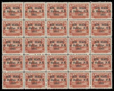 NEWFOUNDLAND  C3/C3j,An exceptional mint sheet with bright fresh colour, well centered; light fold between third and fourth rows. Certainly among the very best intact sheets extant, VF-XF NH; 2020 Greene Foundation cert.

Only 560 sheets of 25 were printed (four were inverted). It has been documented that 5,000 letters were franked with this stamp, from November 16 to 26, 1921. A very small percentage of the remaining sheets survive.

A LOVELY SHEET DISPLAYING ALL SIX OVERPRINT TYPES, SUPERB IN ALL RESPECTS. 