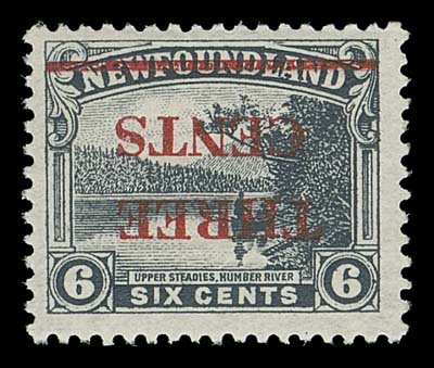 NEWFOUNDLAND  160a,A fresh mint single showing the very elusive inverted surcharge error, full original gum with the faintest trace of hinging, F-VF VLH; only 75 examples printed. 2020 Greene Foundation cert.