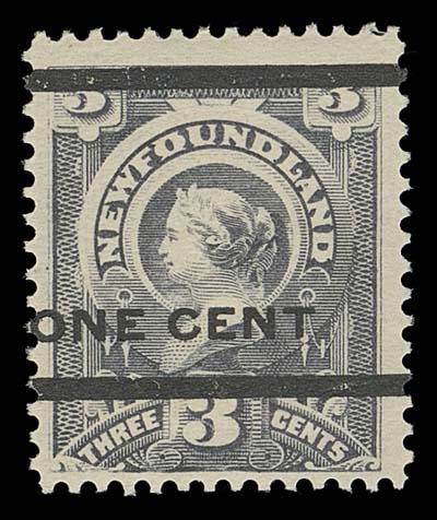 NEWFOUNDLAND  77,An exceptionally fresh mint single of the elusive Type C surcharge with large margins and full pristine original gum. A great stamp with superior centering for this issue, F-VF NH