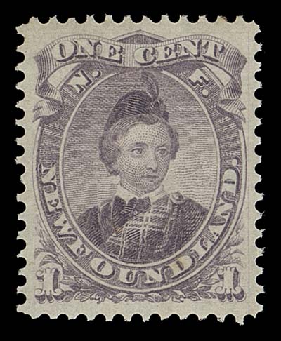 NEWFOUNDLAND  32,A remarkably well centered mint single with brilliant fresh colour and the full shiny original gum characteristic of this particular stamp, printed by the National Bank Note Co. of New York (in fact the only stamp of Newfoundland ever printed by this firm). A great example of a very scarce stamp, VF+ NH; 2020 Greene Foundation cert.
