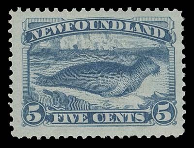 NEWFOUNDLAND  53,A choice example of the challenging first printing, bright colour and impression, well centered within large margins and showing full, streaky white original gum, NEVER HINGED. Missing from many advanced collections and a key stamp of the 1880-1896 BABN printings, VF NH; photocopy of 2006 Philatelic Foundation cert. for a block (top pair hinged), this the bottom left stamp. ex. "Malibu" Collection (May 2006; Lot 257)