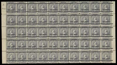 NEWFOUNDLAND  75-77,Intact mint full pane of fifty, sheet margins at sides (no margin at top or bottom as usual), separations in places sensibly strengthened with hinges, natural short gumming along first column. Showing all surcharge types: Pos. 1 to 30 Type A, Pos. 41 to 48 Type B (Pos. 41 the wide spacing variety) and Pos. 49 to 50 Type C. Typical centering for the issue, Fine+ OG / NH (Unitrade cat. $6,600)