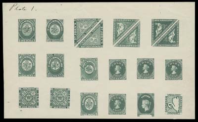NFLD. TRADE SAMPLE PROOFS  Perkins Bacon (1929) Trade Sample Sheet in deep green on thin white diagonal mesh wove paper (0.004" to 0.0045" thick), displaying the COMPLETE SET of nine denominations in a very rarely seen complete sheet, also coloured proofs of Cape of Good Hope 6p & 1sh, Chile 1c, 5c, 10c & 20c, Ceylon "Chalon" die without denomination and Western Australia incomplete1p Swan; the Newfoundland 4p is the scarred die characteristic of the Plate 1 proof sheet. Minor wrinkles, inconsequential for this remarkable intact sheet, VF; pencil signed by expert Herbert Bloch on reverse.