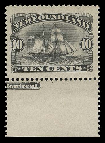 NEWFOUNDLAND  59,An amazing mint single with bright colour on fresh paper, fabulous centering within equally impressive "boardwalk" margins, lightly hinged mark in lower margin only, stamp with full pristine original gum. A wonderful, eye-arresting stamp perfect for one seeking only the very best, XF NH JUMBO