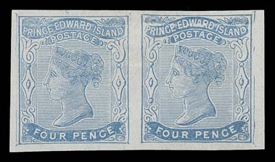 PRINCE EDWARD ISLAND  9,Trial colour plate proof pair in light blue on white wove paper - shows clearly printed 3p stamps on reverse in a darker shade of blue, most unusual, VF