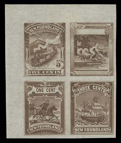 NEWFOUNDLAND FAKES AND FORGERIES  Imperforate se-tenant block of four in brownish olive on wove paper, ungummed, four different designs in denominations 1c, 3c, 5c and undenominated "Child Riding Fish". Rarely seen as a multiple, VF