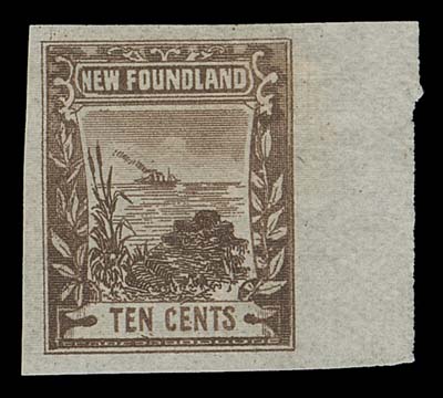 NEWFOUNDLAND FAKES AND FORGERIES  A remarkable assembly of 19 perforated singles (about a dozen are gummed) and a 3c + 5c se-tenant pair imperforate between, attributed to William B. Hale and printed in France; includes 1c Pony Express Rider (5), 3c Sailing Ship (5), 5c Train (5) and 10c Steamship (6), mostly in different colours noting blue, dark blue, purple, brown, red and blue green, mainly sound and perforated on four sides. The largest selection of these elusive items we have ever offered (or seen being offered); it took many years of searching by the owner, a great opportunity for a collector to acquire these colourful and mysterious items.
