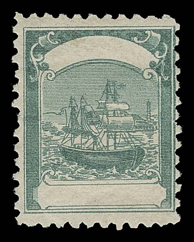NEWFOUNDLAND FAKES AND FORGERIES  Four different designs without denomination, lithographed in blue green with (3c) Ship and (5c) Train, both are normally known with denomination, plus Child Riding Fish and Lighthouse. Perforated 11 on gummed paper, trivial flaws of no importance for these very elusive stamps.